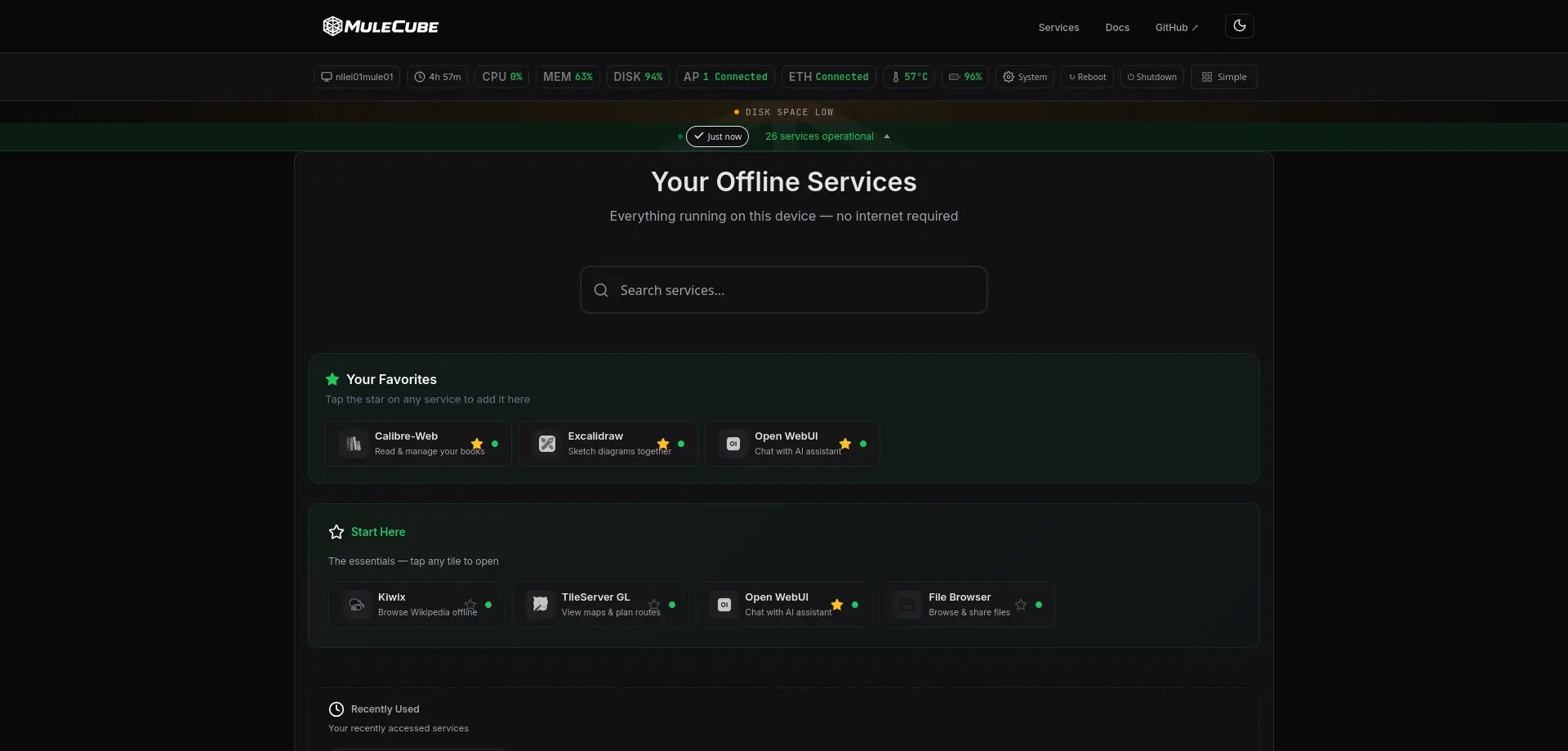 MuleCube dashboard in Advanced mode showing detailed system stats, CPU, memory, disk, network status, and all services