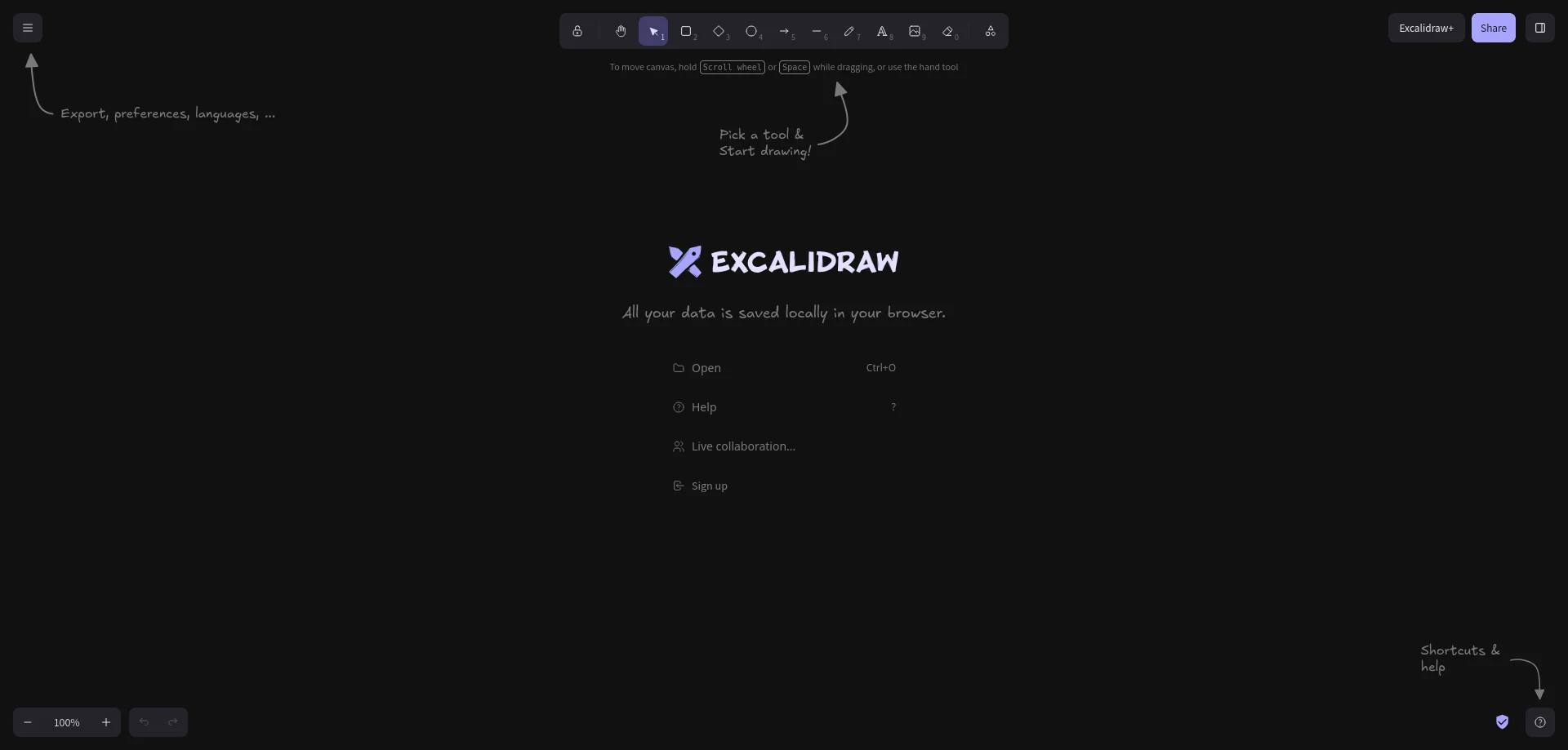 Excalidraw whiteboard interface with hand-drawn style diagrams and collaborative drawing tools