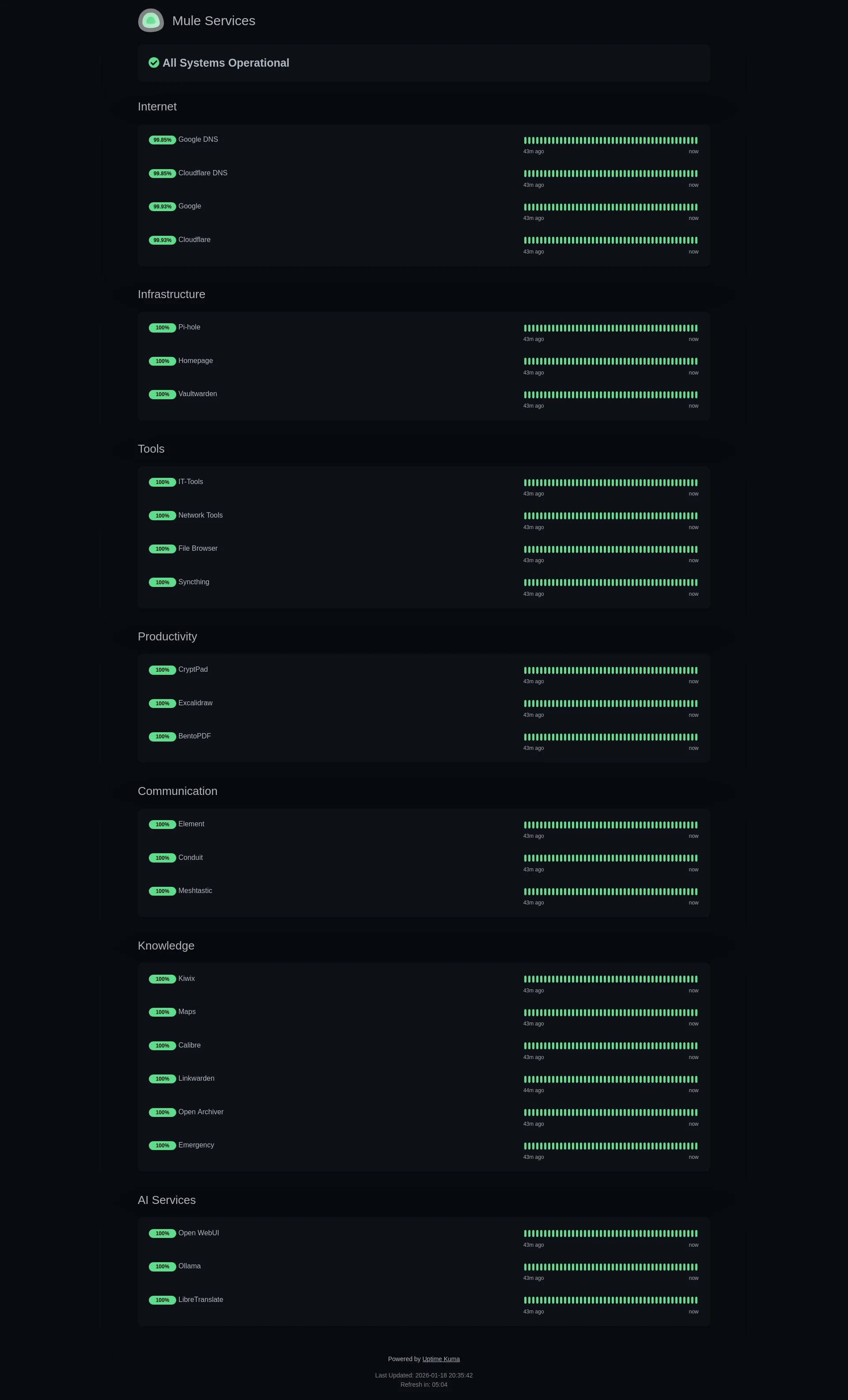 MuleCube system status dashboard showing service health, Pi-hole ad blocking, and network diagnostics